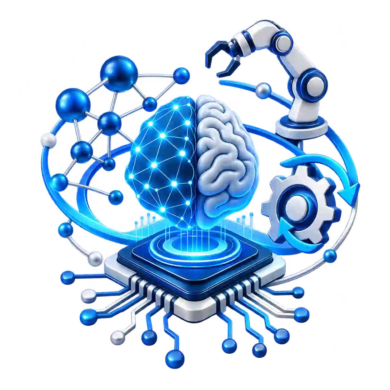 # AI, Machine Learning & Intelligent Automation Icon Create a **modern, premium, professional 3D technology icon** representing **AI, Machine Learning & Intelligent Automation** for a U.S.-based technology and managed services company. Design a single, visually clear icon combining subtle elements of an **AI neural network, machine-learning nodes, intelligent automation, and digital connectivity**. Use a clean futuristic aesthetic with interconnected nodes, a central AI intelligence element, and subtle automation/circuit patterns. Style: **minimal, sophisticated, enterprise-grade, modern SaaS technology, clean geometry, polished 3D finish, premium corporate design**. Use a **transparent background** with no text, no letters, no logos, and no additional objects. The icon should remain highly recognizable and visually clear even when displayed at a small size on a website service card. Use a professional technology-oriented color palette that complements a modern corporate website. Avoid excessive glow, clutter, complex backgrounds, or overly futuristic science-fiction styling. **Output:** High-resolution **PNG**, transparent background, square composition, centered icon, clean edges, suitable for website use, service cards, presentations, and digital marketing.